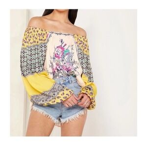 Free People Positano Off The Shoulder Printed Blouse in Yellow Womens Size: M
